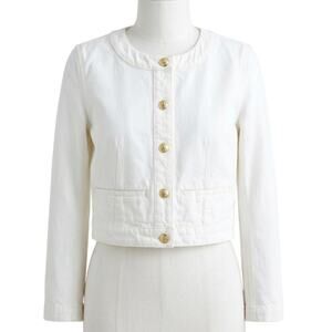 J Crew Petite Denim Jean Lady Jacket White Gold Crest Button Crop Old Money 2P